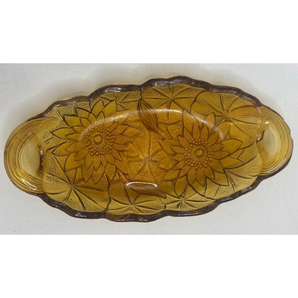 Vintage Indiana Glass Amber Lily Pons Sunflower Oval Relish Pickle Dish Gold 70s